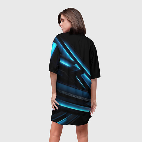 Женская длинная футболка Черная абстракция с синим неоновым ярким свечением / 3D-принт – фото 4