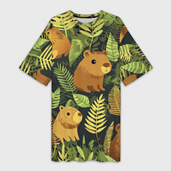 Футболка женская длинная Капибары - лесной маскировочный камуфляж, цвет: 3D-принт