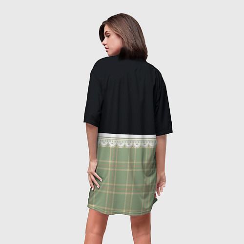 Женская длинная футболка Клетка и рюши в салатовом цвете / 3D-принт – фото 4