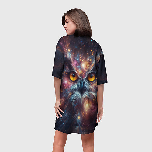 Женская длинная футболка Портрет абстрактной совы в космическом пространств / 3D-принт – фото 4