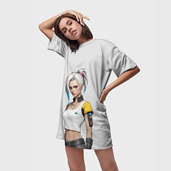 Футболка женская длинная Девушка в белом топе Cyberpunk 2077, цвет: 3D-принт — фото 2