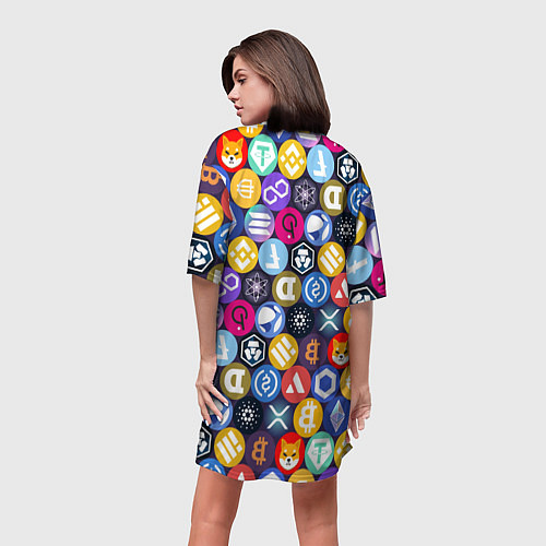 Женская длинная футболка Криптовалюта Биткоин, Эфириум, Тетхер, Солана патт / 3D-принт – фото 4