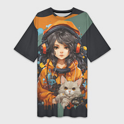 Футболка женская длинная Красивая девочка-аниме с котенком, цвет: 3D-принт