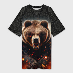 Женская длинная футболка Русский медведь на фоне флага и огня