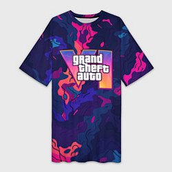 Женская длинная футболка GTA 6 logo яркий неоновый камуфляжный стиль