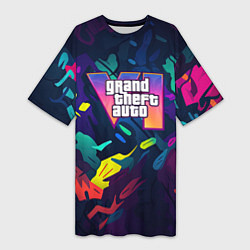 Женская длинная футболка GTA 6 logo яркий неоновый камуфляжный стиль
