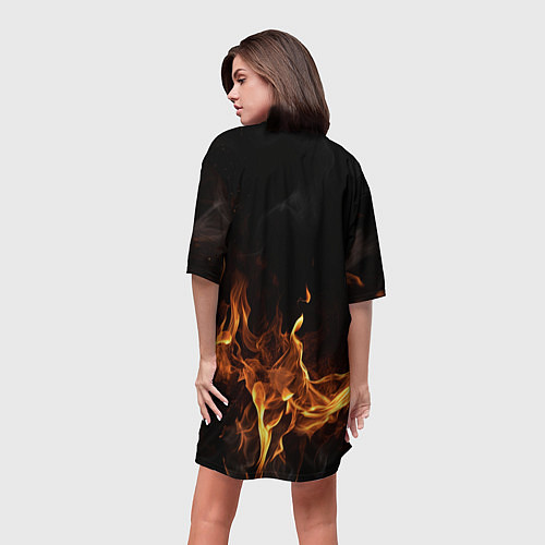 Женская длинная футболка Palworld логотип на черном фоне с огнем / 3D-принт – фото 4