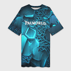 Женская длинная футболка Palworld логотип на ярких синих неоновых плитах