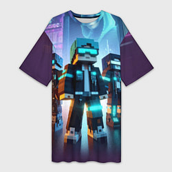 Женская длинная футболка Minecraft - neon metropolis ai art