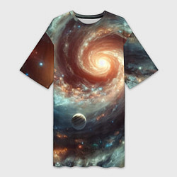 Женская длинная футболка Далёкая неоновая галактика - нейросеть