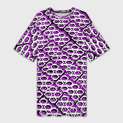 Футболка женская длинная Фиолетово-белый узор на чёрном фоне, цвет: 3D-принт
