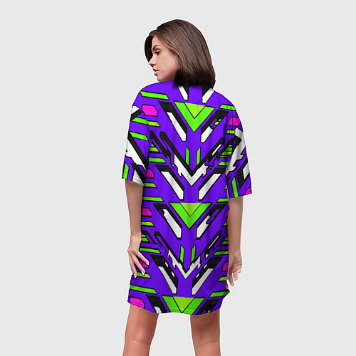 Женская длинная футболка Техно броня фиолетово-зелёная / 3D-принт – фото 4