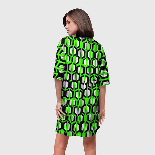Женская длинная футболка Техно узор из шестиугольников зелёный / 3D-принт – фото 4