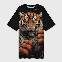 Женская длинная футболка Муай-Тай тигр в стойке боевые искусства