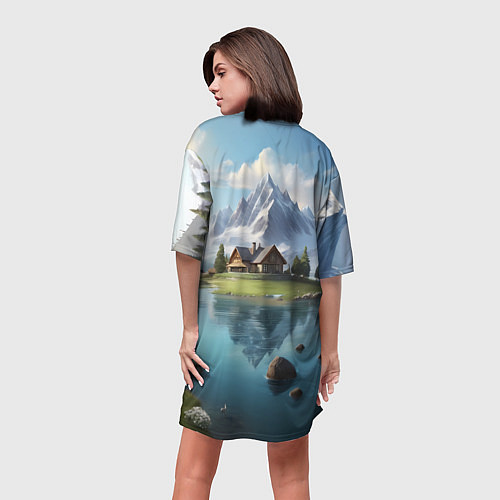 Женская длинная футболка Чудесный день на берегу озера в горах / 3D-принт – фото 4