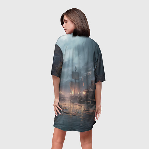 Женская длинная футболка Assassins creed ночной город / 3D-принт – фото 4