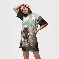 Футболка женская длинная Assassins creed старинный город, цвет: 3D-принт — фото 2
