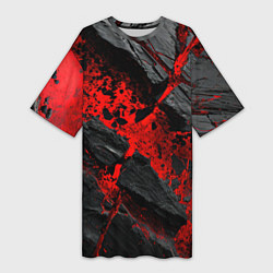 Женская длинная футболка Красные разломы черных камней