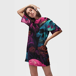 Футболка женская длинная Яркие цветы с черепами, цвет: 3D-принт — фото 2