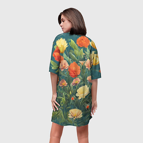 Женская длинная футболка Лисёнок в цветочном поле / 3D-принт – фото 4