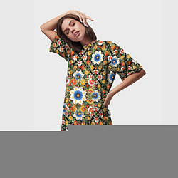 Футболка женская длинная Русские цветочные узоры красно-желтые, цвет: 3D-принт — фото 2