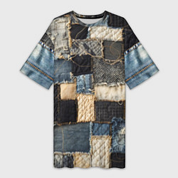 Футболка женская длинная Заплатки пэчворк на джинсе, цвет: 3D-принт