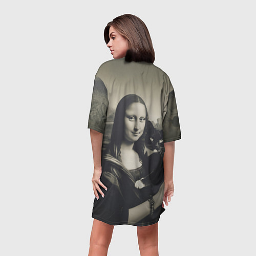 Женская длинная футболка Мона Лиза держит кота в черно белом цвете / 3D-принт – фото 4