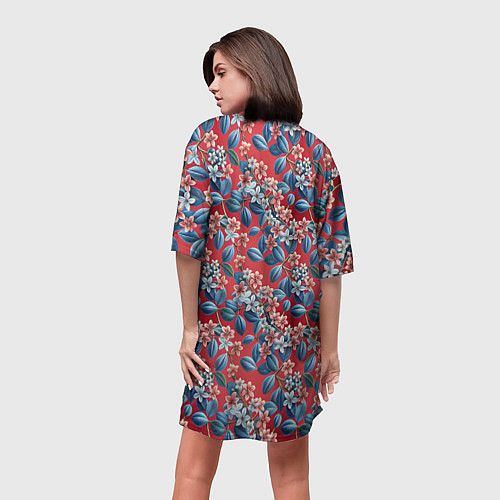 Женская длинная футболка Сирень на красном фоне / 3D-принт – фото 4