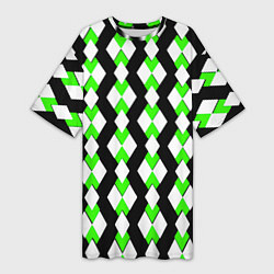 Футболка женская длинная Зелёные и белые ромбы на чёрном фоне, цвет: 3D-принт