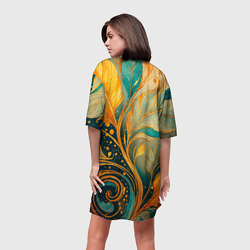Женская длинная футболка Золотые и бирюзовые листья абстракция / 3D-принт – фото 4