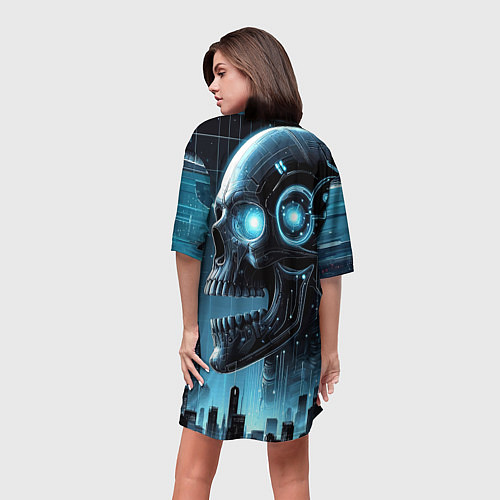Женская длинная футболка Cyberpunk skull - metropolis neon glow / 3D-принт – фото 4