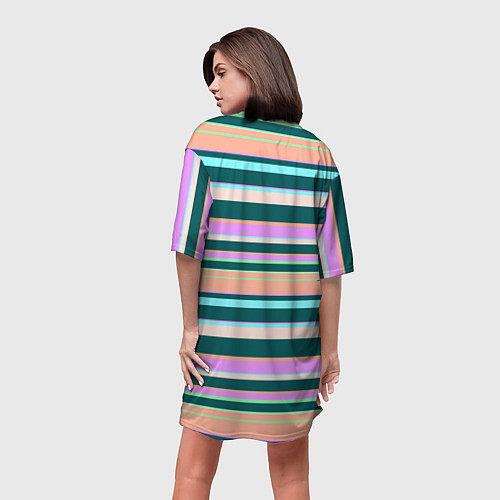 Женская длинная футболка Полосатый оранжево-бирюзовый / 3D-принт – фото 4