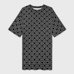 Женская длинная футболка Белый геометрический узор на черном фоне