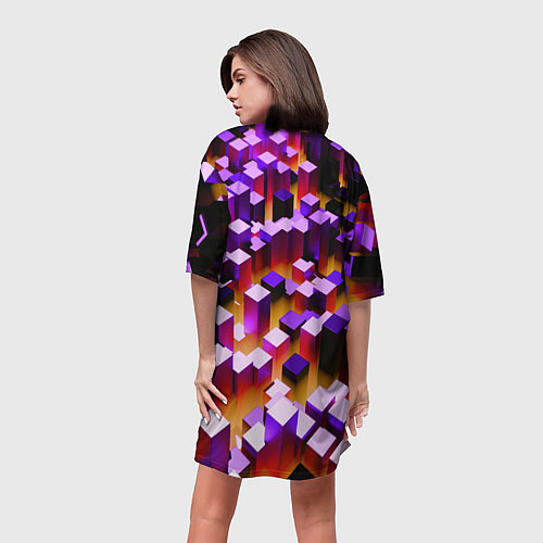 Женская длинная футболка Фиолетовые блоки в оранжевом тумане / 3D-принт – фото 4