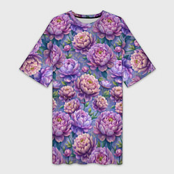 Женская длинная футболка Крупные пионы садовые дачные цветы паттерн