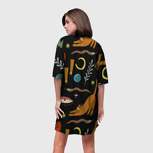 Женская длинная футболка Мистический лес с одноглазым котом / 3D-принт – фото 4