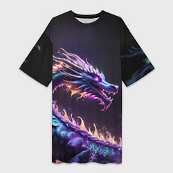 Женская длинная футболка Неоновый сиреневый дракон на черном фоне