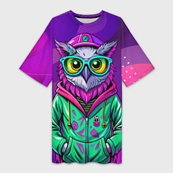 Женская длинная футболка Модная сова на фиолетовом