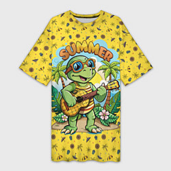Футболка женская длинная Черепаха с гитарой на острове, цвет: 3D-принт