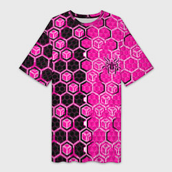 Футболка женская длинная Техно-киберпанк шестиугольники розовый и чёрный с, цвет: 3D-принт