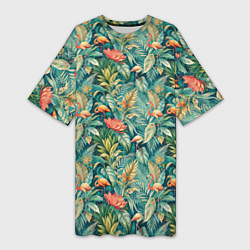 Женская длинная футболка Тропический фламинго в цветах
