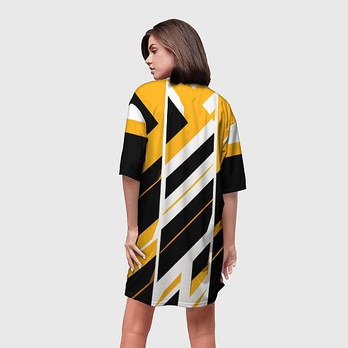Женская длинная футболка Black and yellow stripes on a white background / 3D-принт – фото 4