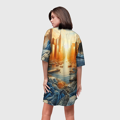 Женская длинная футболка Нью-Йорк с джинсовыми берегами - нейросеть / 3D-принт – фото 4