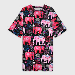 Женская длинная футболка Орнамент разноцветных слонов