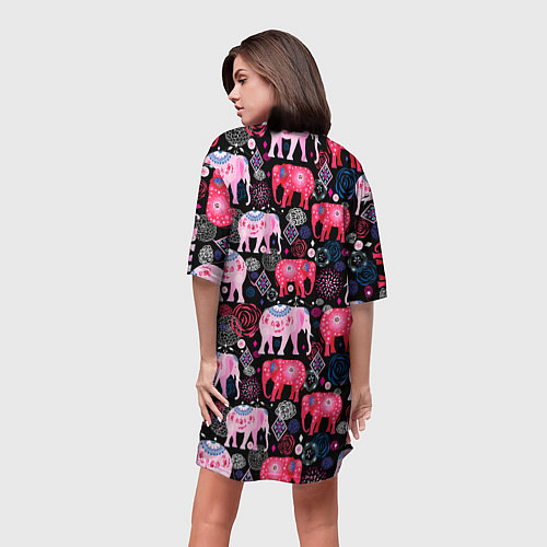 Женская длинная футболка Орнамент разноцветных слонов / 3D-принт – фото 4