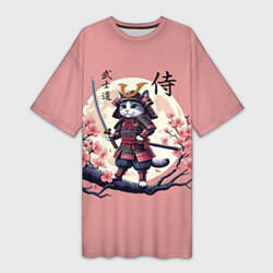 Футболка женская длинная Kitten samurai - bushido ai art, цвет: 3D-принт