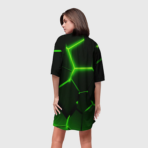 Женская длинная футболка Темные зеленые неоновые плиты в разломе / 3D-принт – фото 4