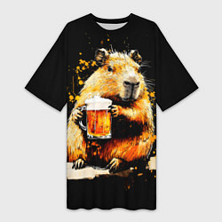 Футболка женская длинная Капибара с кружкой пива, цвет: 3D-принт