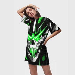 Футболка женская длинная Абстрактный белый череп и зелёные полосы, цвет: 3D-принт — фото 2