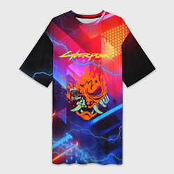 Футболка женская длинная Cyberpunk logo - neon geometry, цвет: 3D-принт